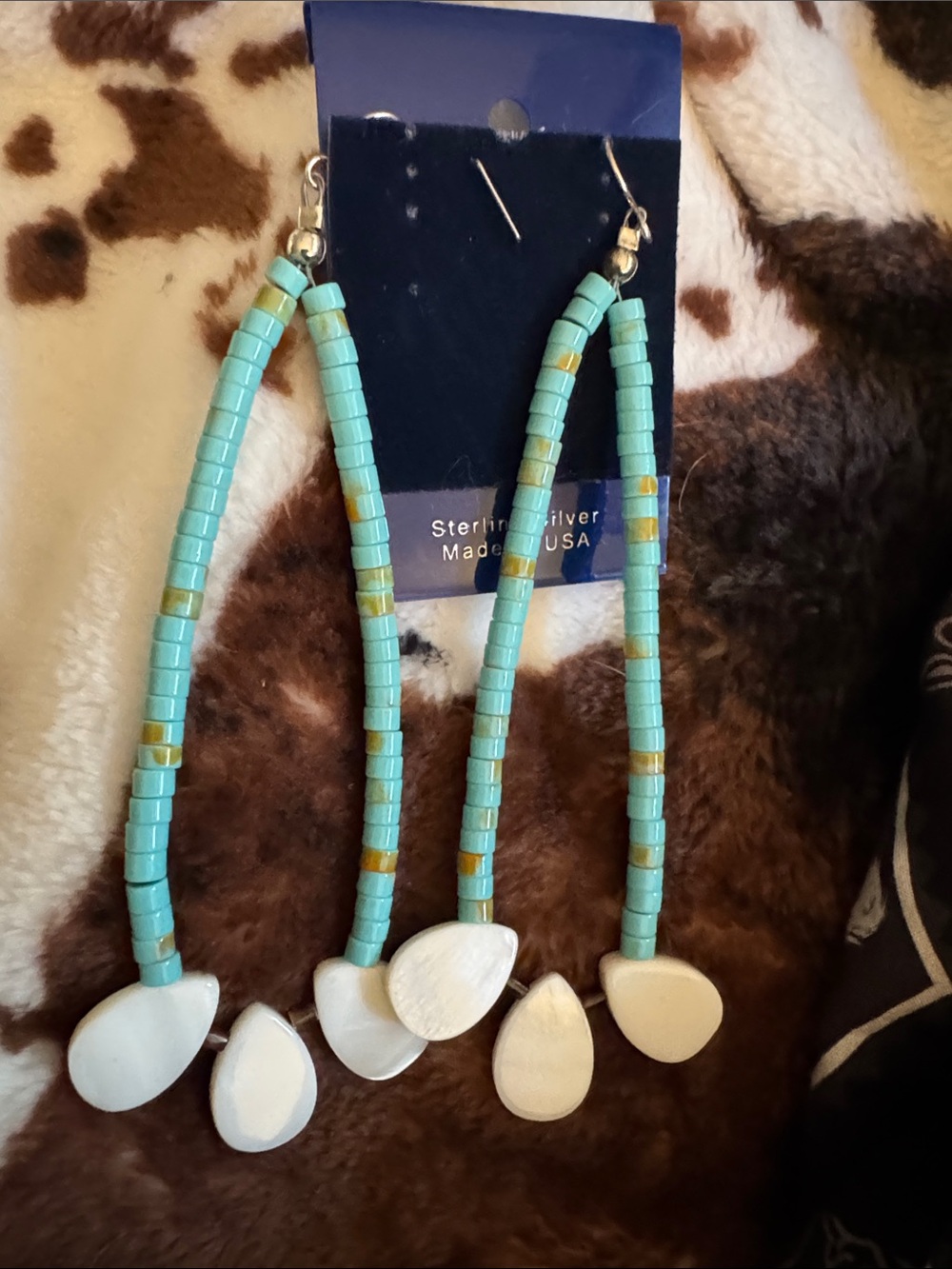 Turquoise Bead and White mother of pearl Shell Teardrop Earrings 925 silver